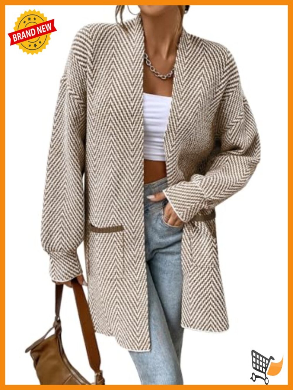 Women's Open Front Chevron Cardigan Sweater 100% Acrylic Long Sleeve Pockets